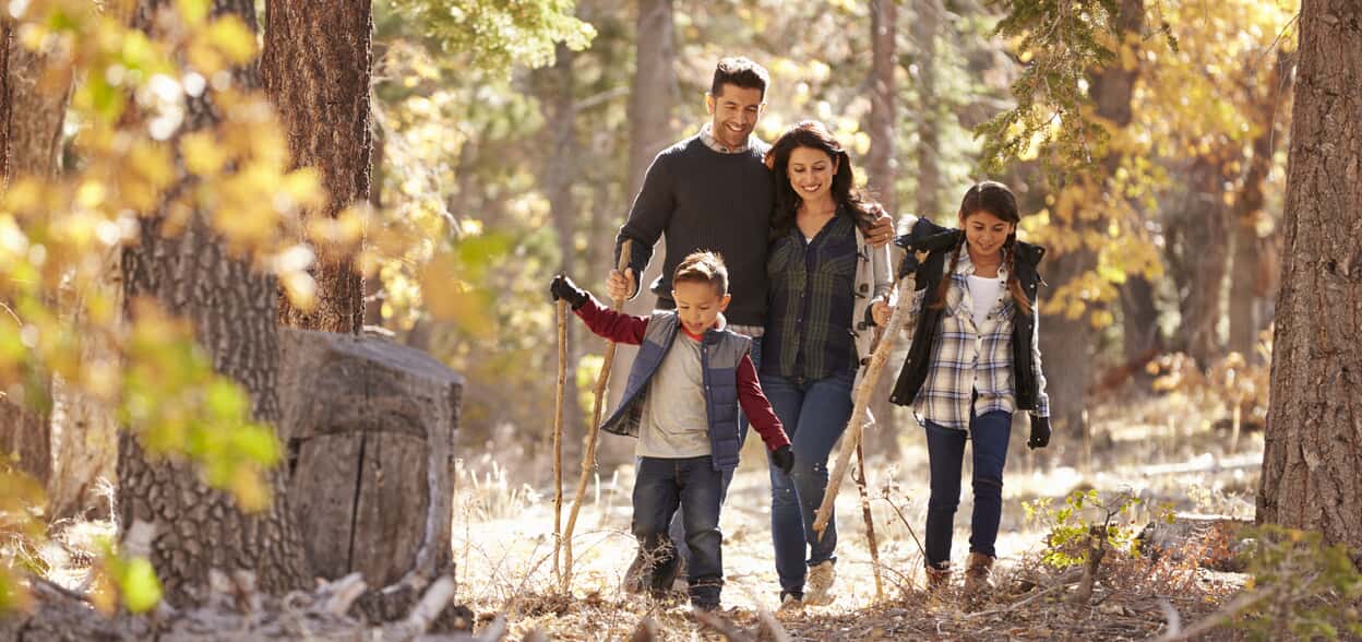 A family of four hikes on a trail
